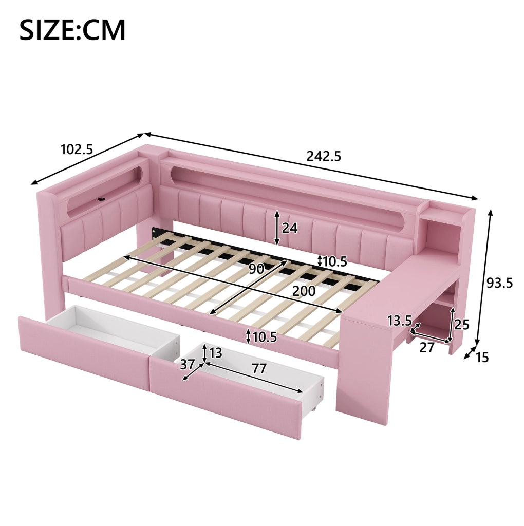 Daybed imbottito 90x200 cm rosa con LED; USB; scrivania integrata e 2 cassetti