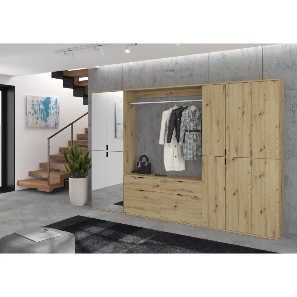 Armadio con 10 ante con specchi + guardaroba + 4 cassetti - Rovere chiaro - BODITE