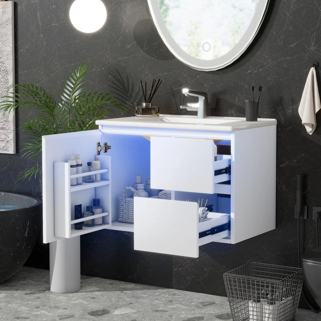 Mobile bagno sospeso 76x46x50 cm con lavabo in ceramica, 2 cassetti, illuminazione LED a sensore radar, bianco