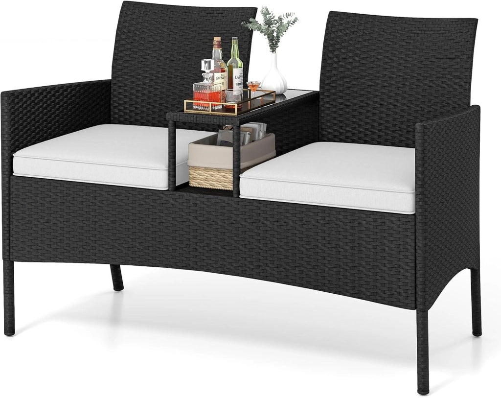 Panchina da Giardino in Rattan PE 62 x 124 x 84 cm, Divano da Esterno con Tavolino in Vetro Temperato e Cuscini Imbottiti, Poltrona con 2 Posti per Balcone, Piscina e Cortile (Bianco)