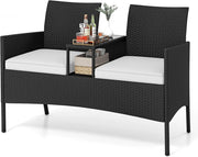 Panchina da Giardino in Rattan PE 62 x 124 x 84 cm, Divano da Esterno con Tavolino in Vetro Temperato e Cuscini Imbottiti, Poltrona con 2 Posti per Balcone, Piscina e Cortile (Bianco)