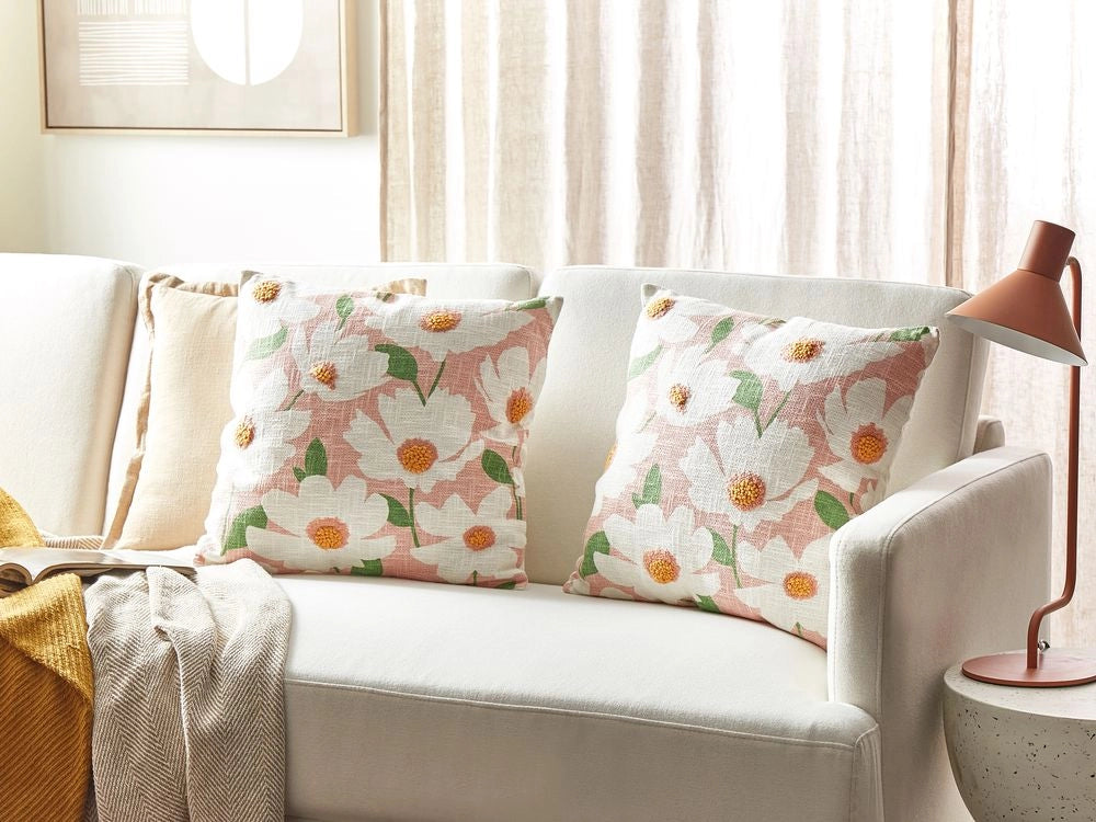 Set di 2 cuscini in cotone rosa con motivo floreale, fatti a mano e sfoderabili 45 x 45 cm con imbottitura stile boho