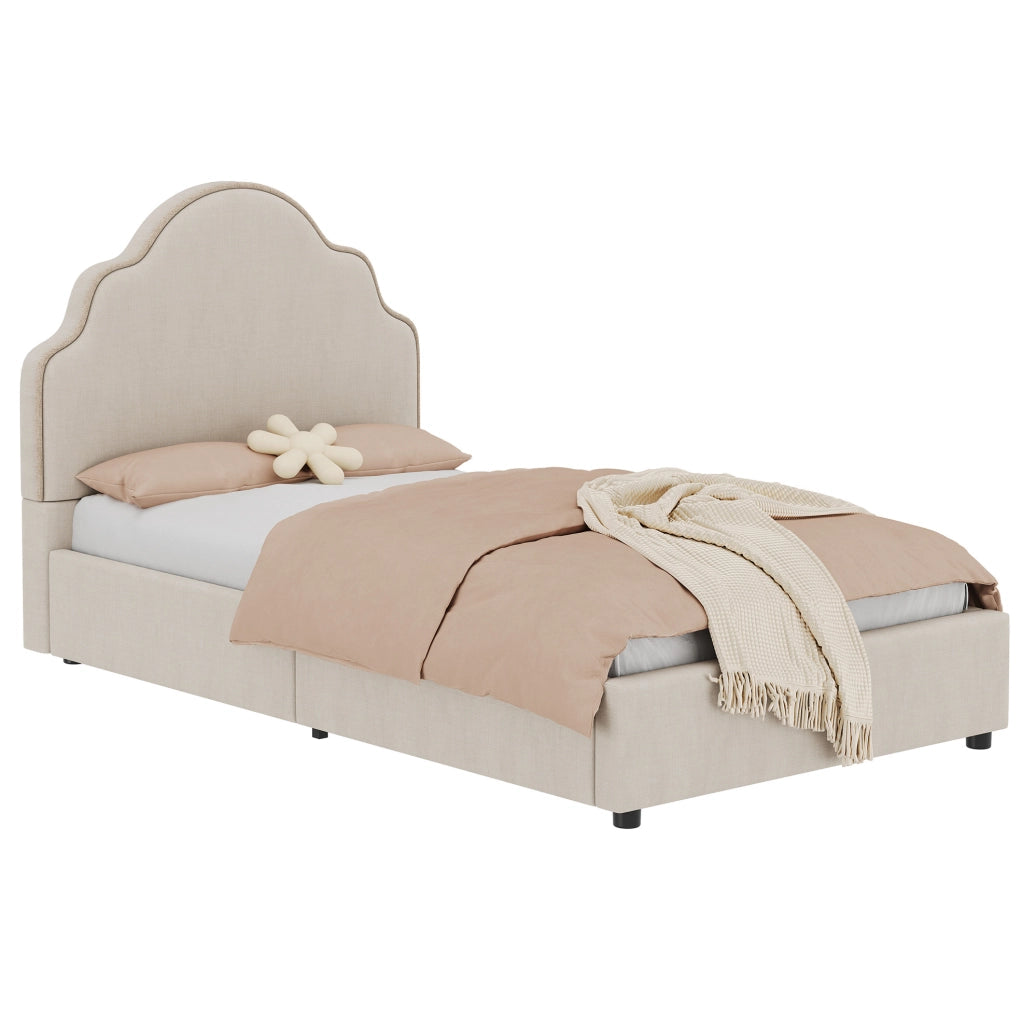 Letto imbottito 90x200 cm con testiera arrotondata in lino beige