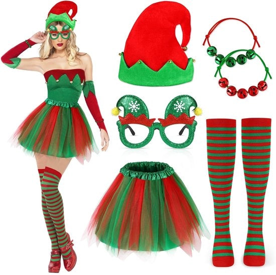 Costume da Natale Tutu-Rock 40 cm - Cappello da Natale Elfo - Calze a Strisce 60 cm - Accessori di Cosplay - Materiale Principale: tessuto/cotone - Outfit da Natale