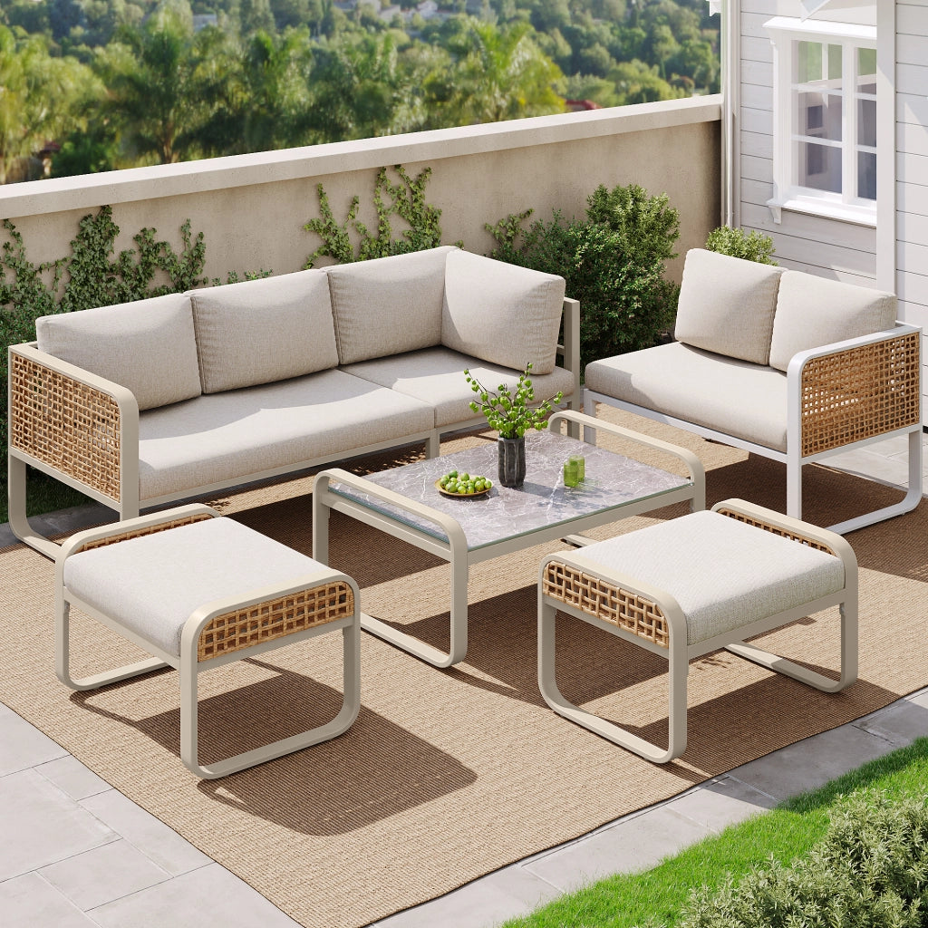Set Divano da Giardino Angolare 6-7 Posti ¨C MINIMAL ¨C Polyrattan Beige con Cuscini