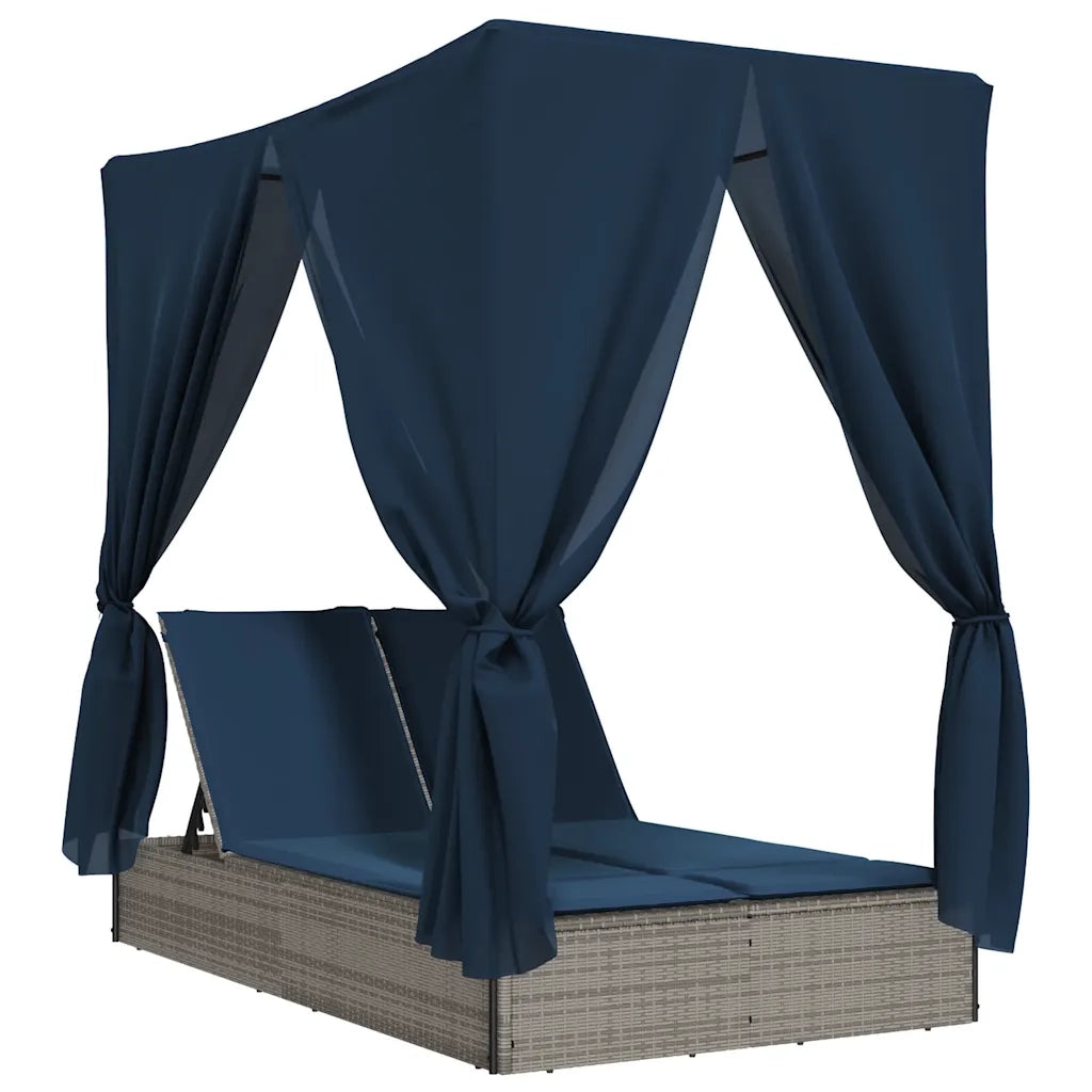 Lettino Prendisole Doppio Tetto e Tende Grigio in Polyrattan 368079