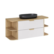 Set OSTER 120cm: mobili sottolavabo con cassetti e nicchie a vista + piano per lavabo + lavabo ovale nero da appoggio