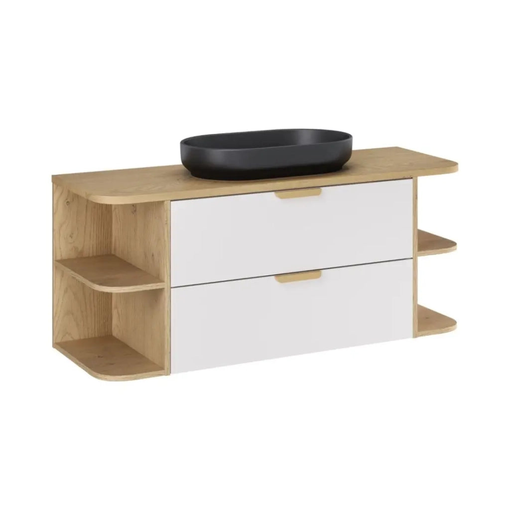 Set OSTER 120cm: mobili sottolavabo con cassetti e nicchie a vista + piano per lavabo + lavabo ovale nero da appoggio
