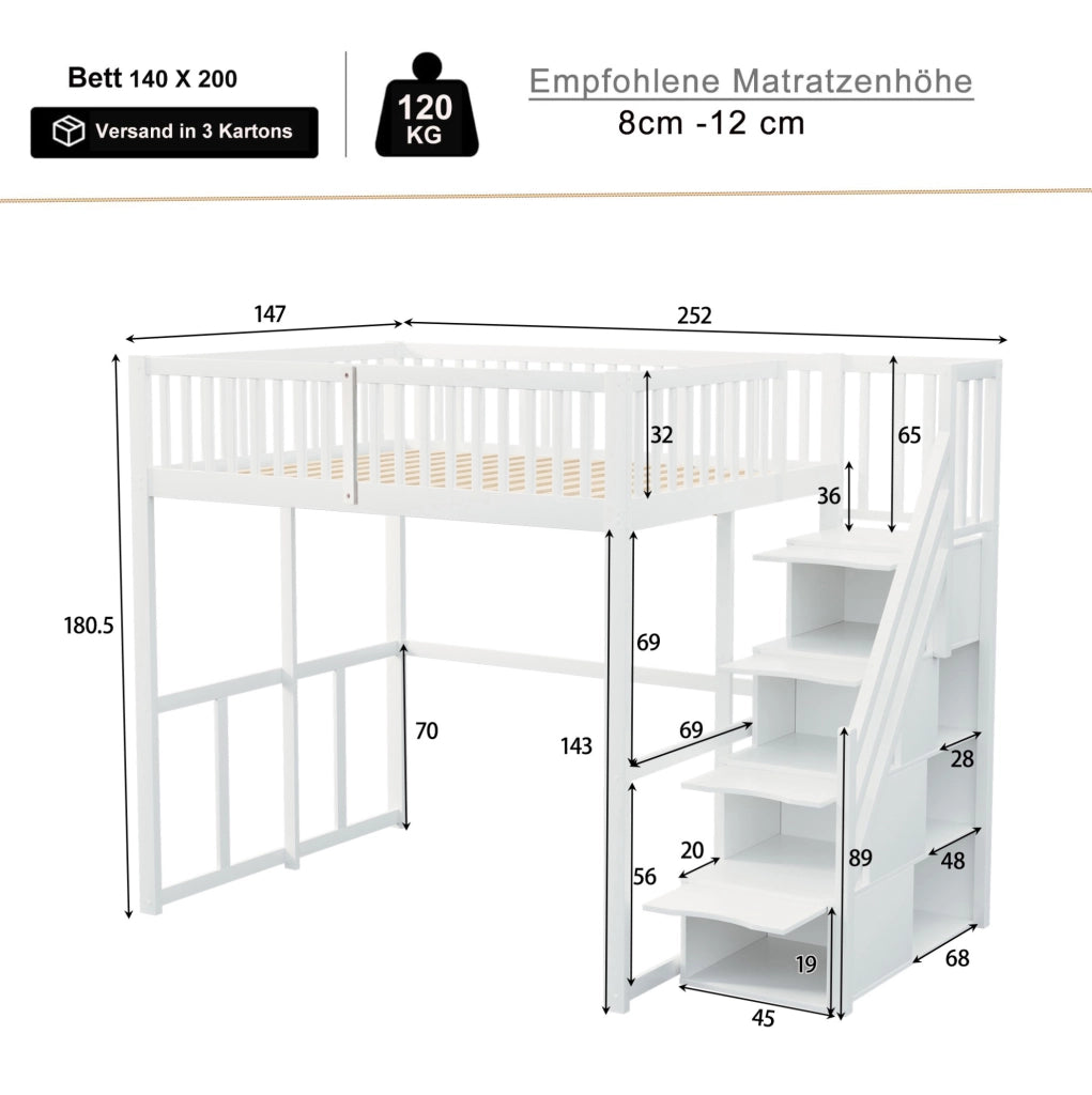 Letto a soppalco 140x200 cm con scala contenitore e sbarre di sicurezza in legno bianco