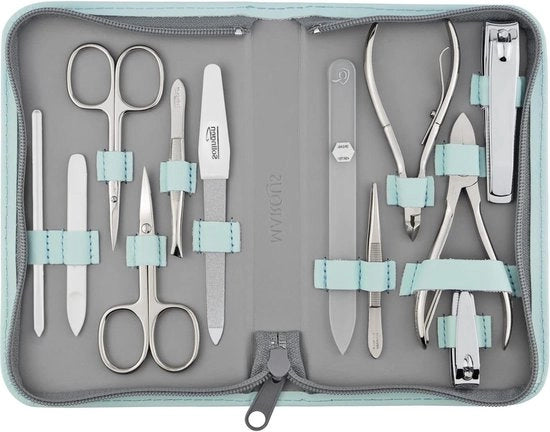 Set manicure e pedicure - 12 pezzi in custodia in pelle vera - tutto per la cura delle mani e dei piedi