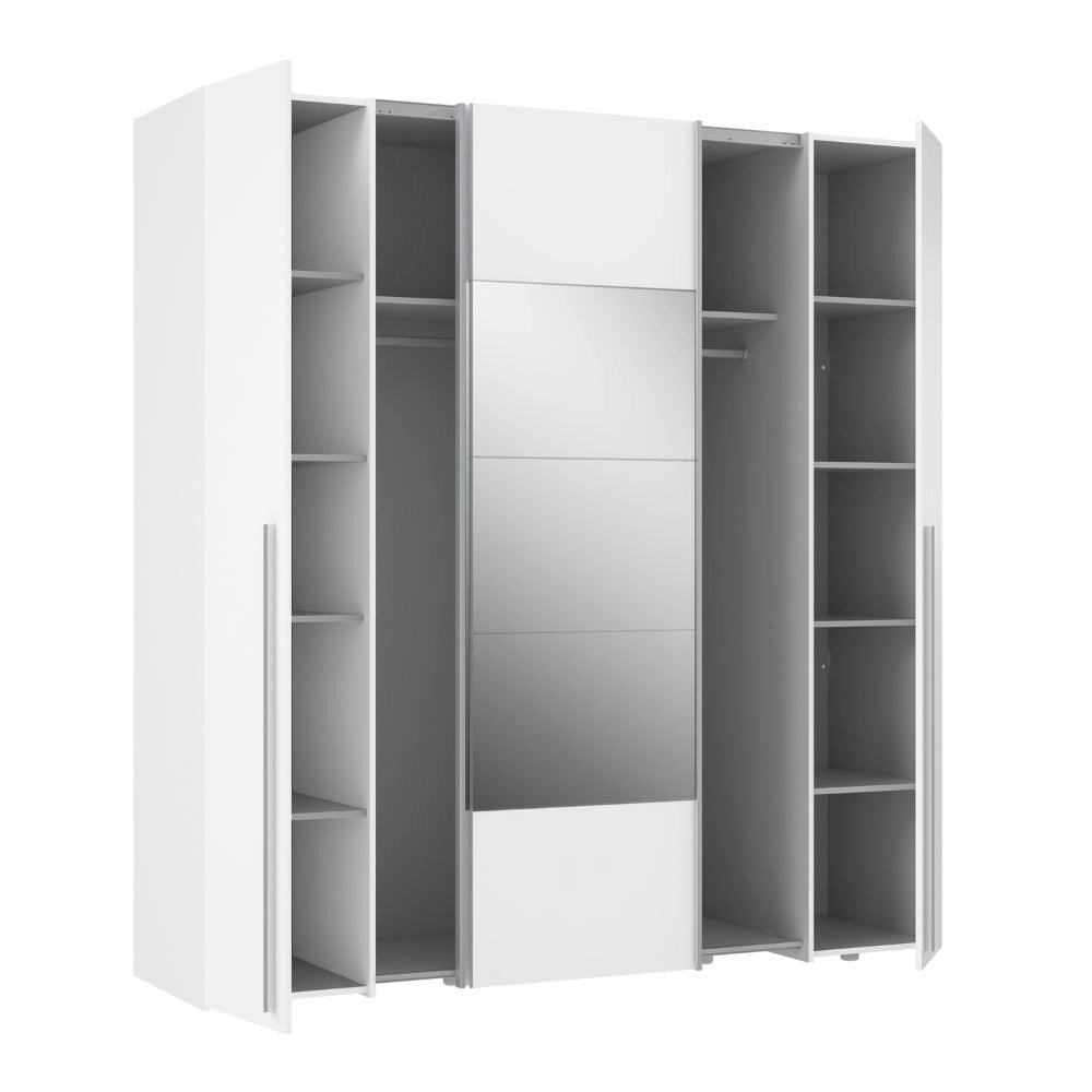 Armadio Callia 2 ante battenti bianco e 2 ante scorrevoli con specchio 200.1x61.2xH210.5 cm.