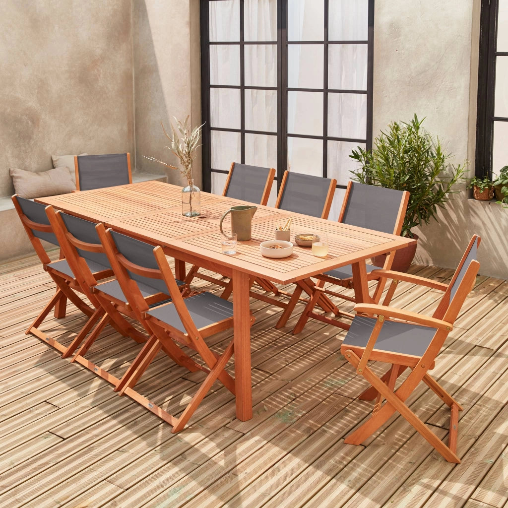 Set tavolo da giardino rettangolare allungabile in legno con 8 sedie,
