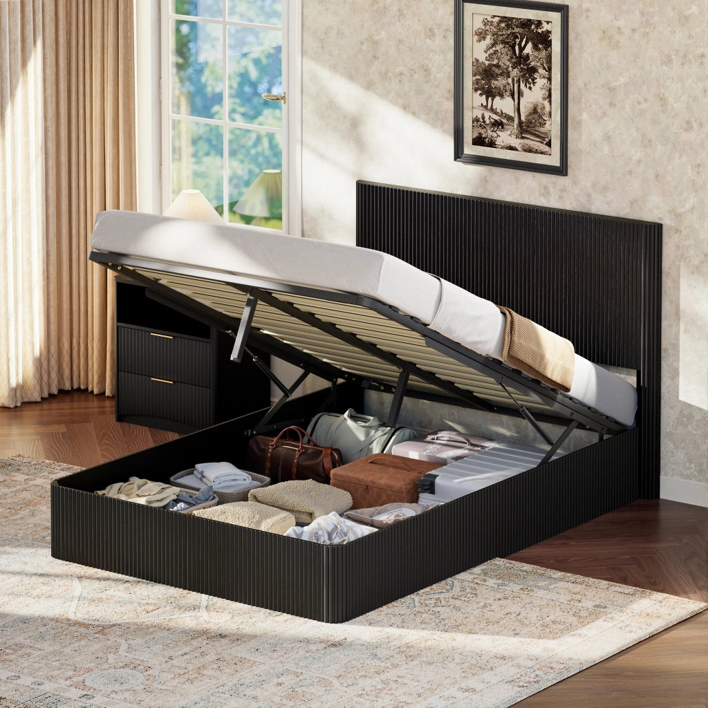 Letto contenitore 140 × 200 cm con sollevamento idraulico, ampio vano, struttura stabile, senza materasso, nero