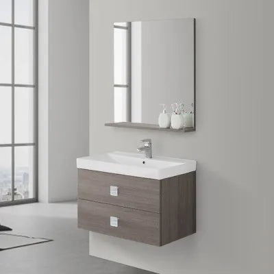 Mobile bagno sospeso 75x51 cm rovere scuro con due cassettoni completo di lavabo specchio e mensola Bravo