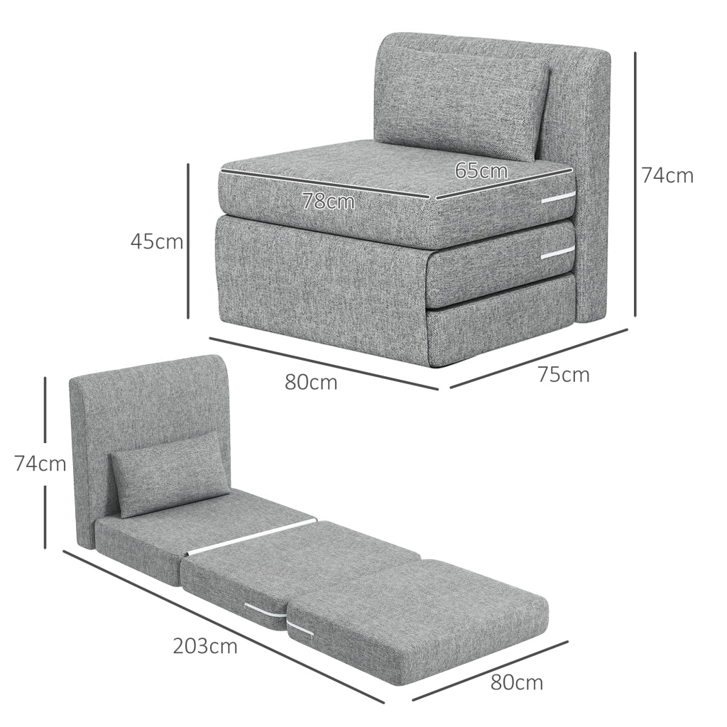 Poltrona Letto Pieghevole 3 Sezioni in Tessuto ¨C Zephmum ¨C Grigio 80x75x74 cm