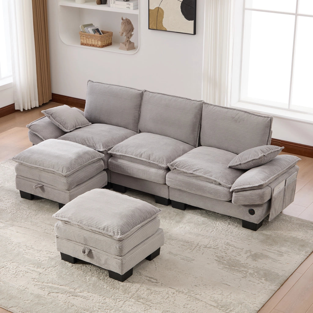 Divano Dritto Modulare a 3 Posti con USB-C, Tasche laterali e Pouf, in Corduroy, Grigio Chiaro