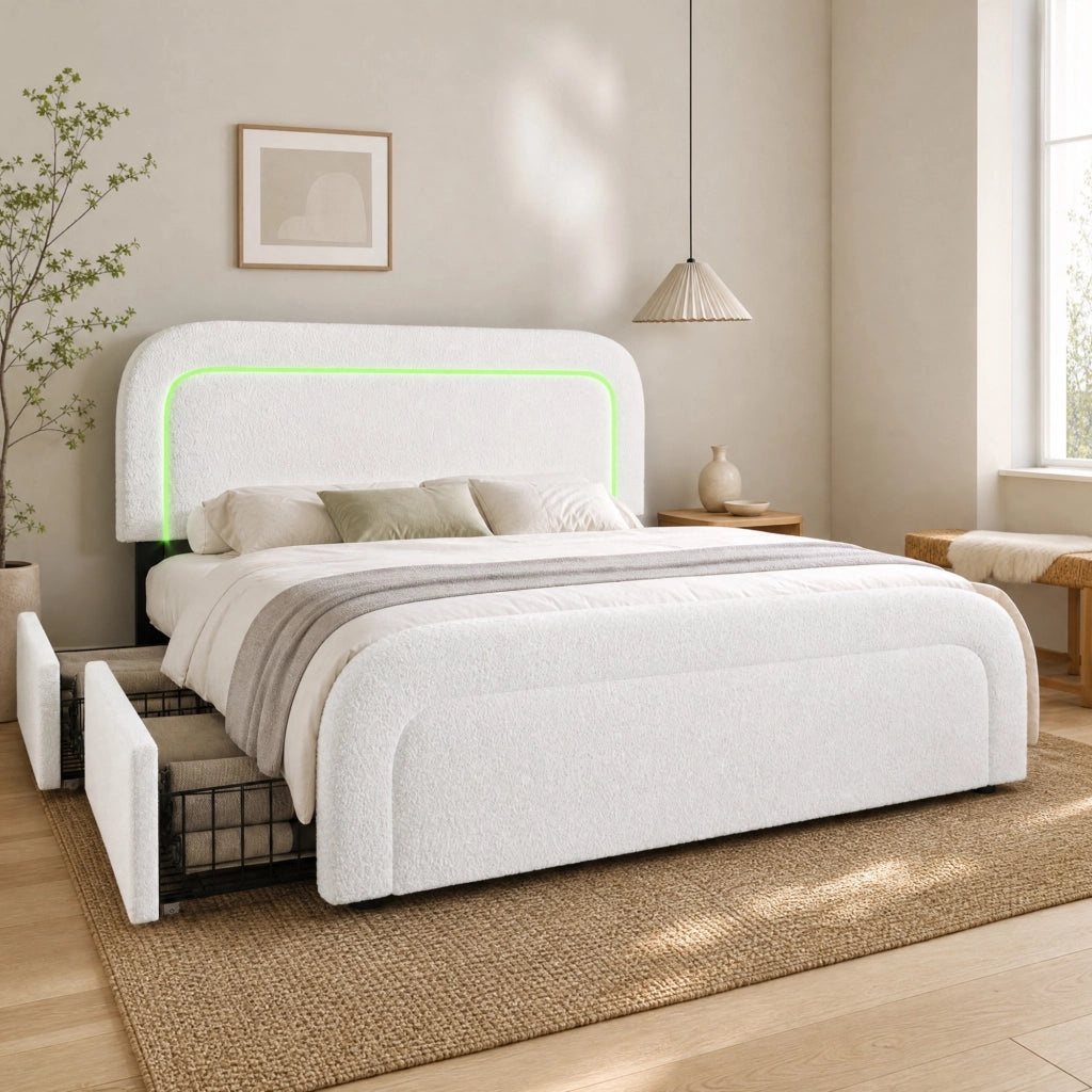Letto matrimoniale 160x200 cm in Sherpa bianco con USB Type-C; LED e 4 cassetti