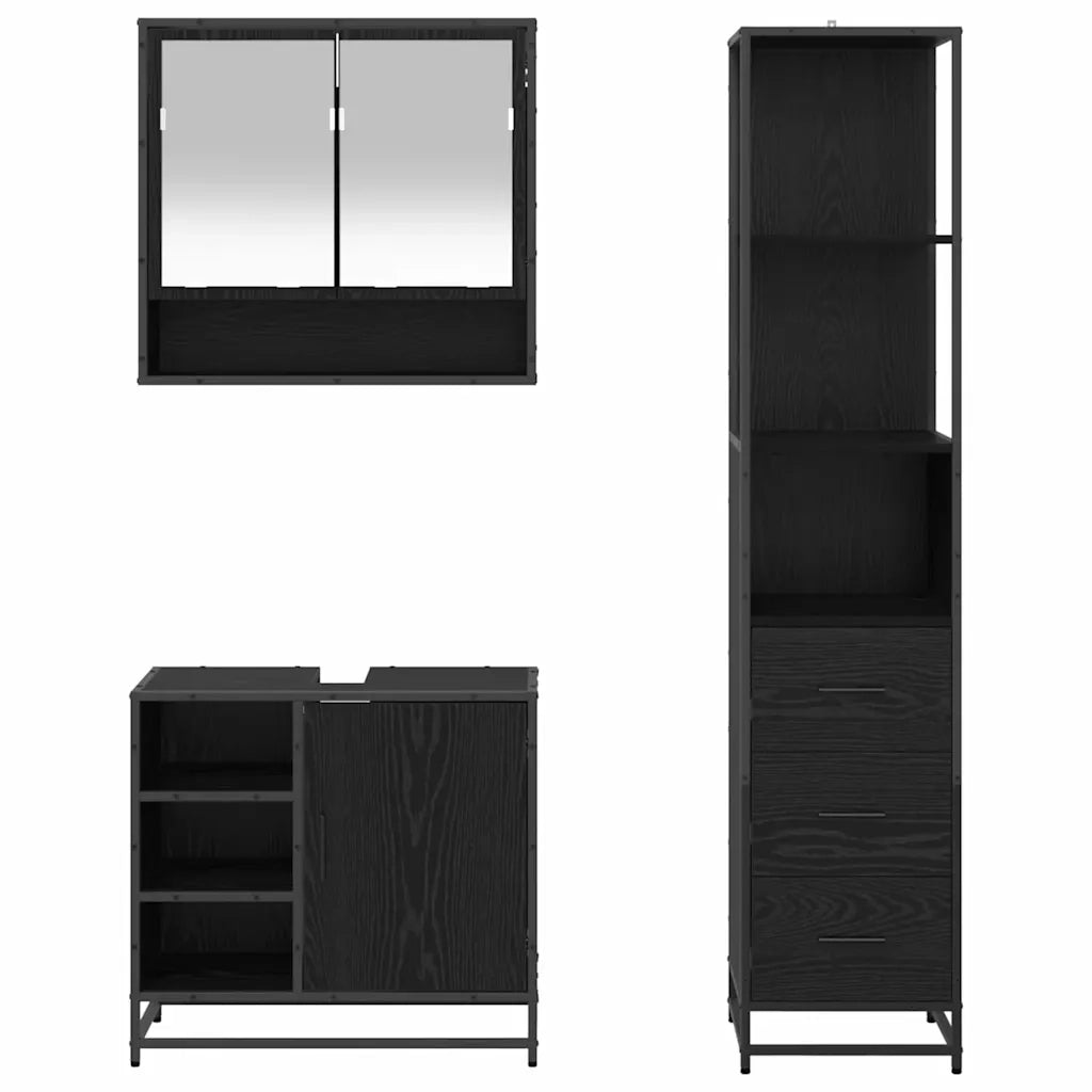 Set di mobili per il Bagno | Armadio da bagno 3 pz Rovere Nero Legno multistrato