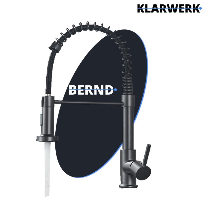 Bernd | Rubinetto cucina gastronomia con molla grigio titanio | flessibile in acciaio inossidabile |miscelatore ruotato di 360°Alta pressione 2 porte