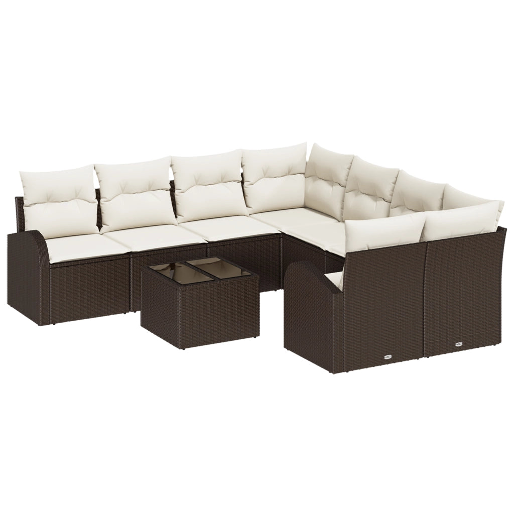 Set di divano da giardino in 9 pezzi con cuscini in rattan sintetico marrone