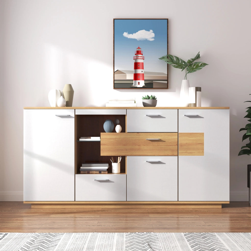 Credenza con 2 ante 4 cassetti LED e ripiani regolabili per soggiorno, in MDF, bianco e legno, 160 × 40 × 77 cm