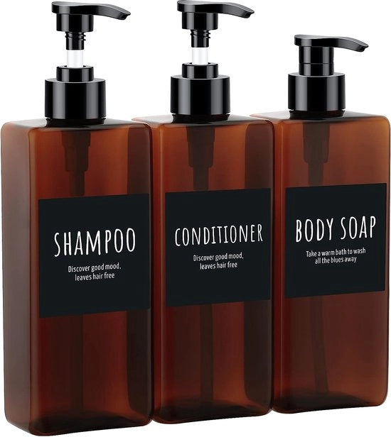 Dispensatore di shampoo, 500 ml, dispenser a pompa, 3 pezzi, flaconi di pompa vuoti con etichette, contenitore di crema in plastica, lava pietre.