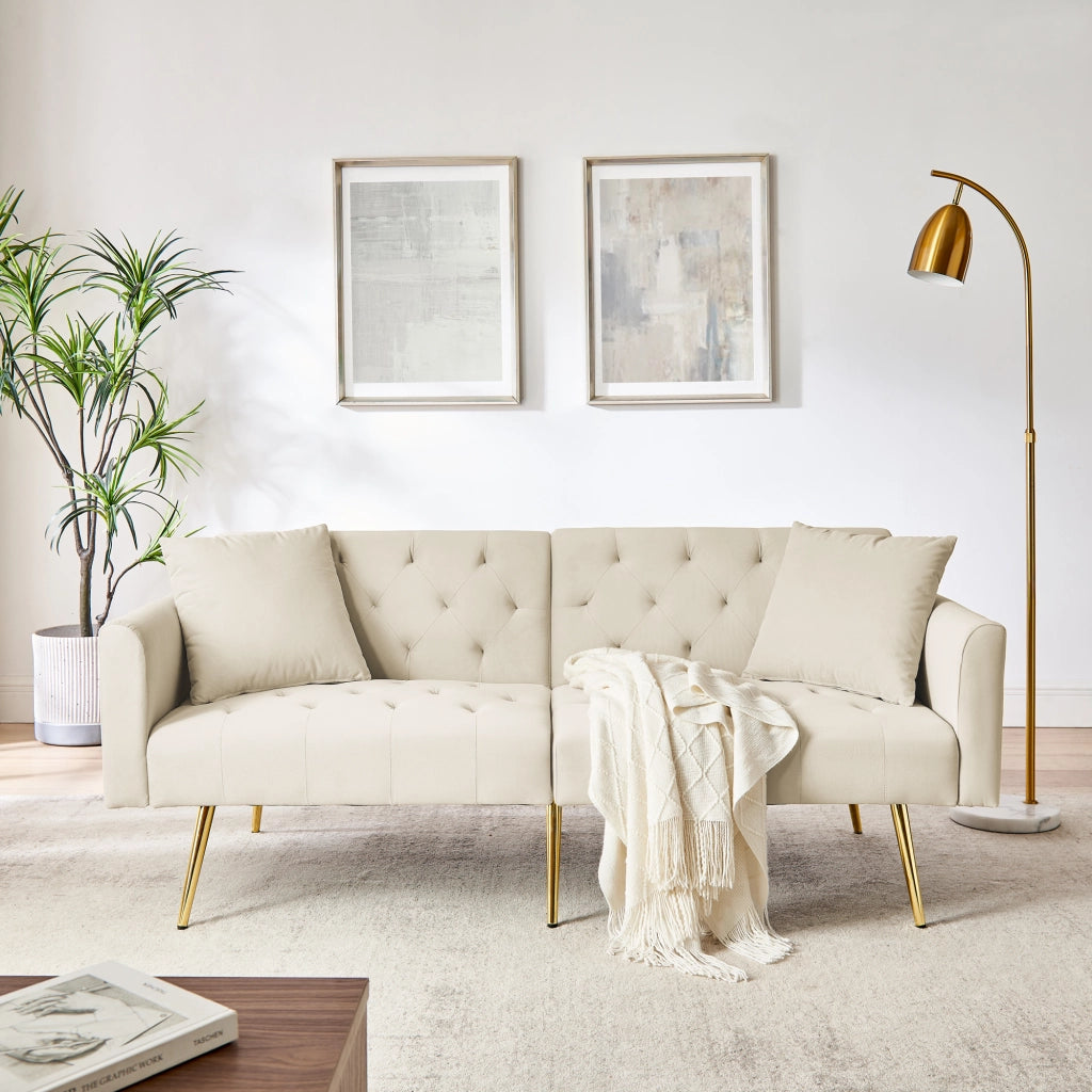Divano a 2 posti con schienale regolabile a 3 posizioni, 2 cuscini, gambe in metallo, velluto, beige