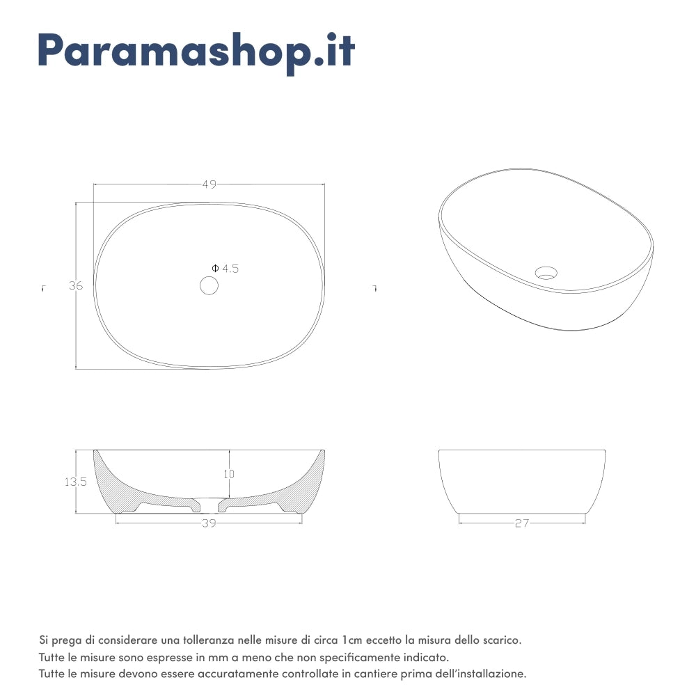 Lavabo da appoggio ovale con bordo slim 49x36x13,5 cm Bianco