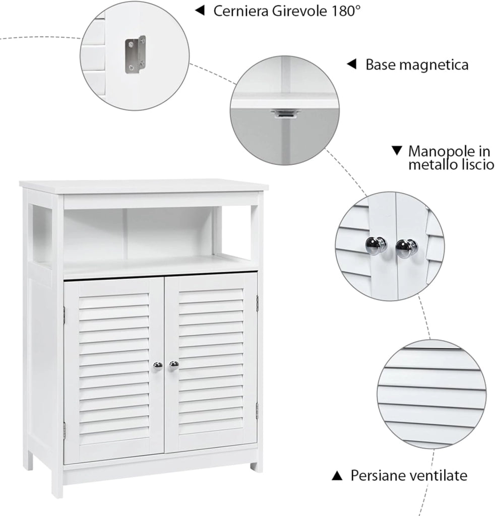Armadietto del Bagno, Armadietto di Legno con Doppie Ante a Persiana e Mensola Regolabile, Armadio per Bagno Salone Camera da Letto (Bianco)