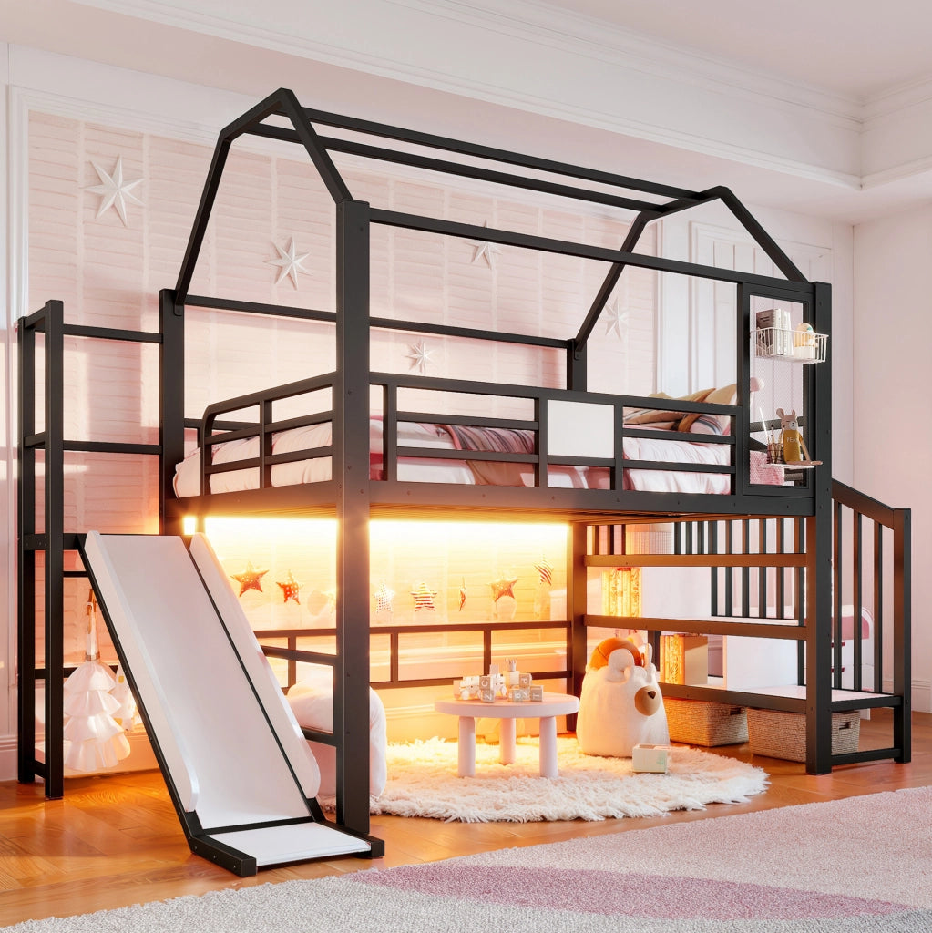 Letto a soppalco per bambini 140x200 cm con scivolo, scala e LED Bluetooth nero HAVRYA