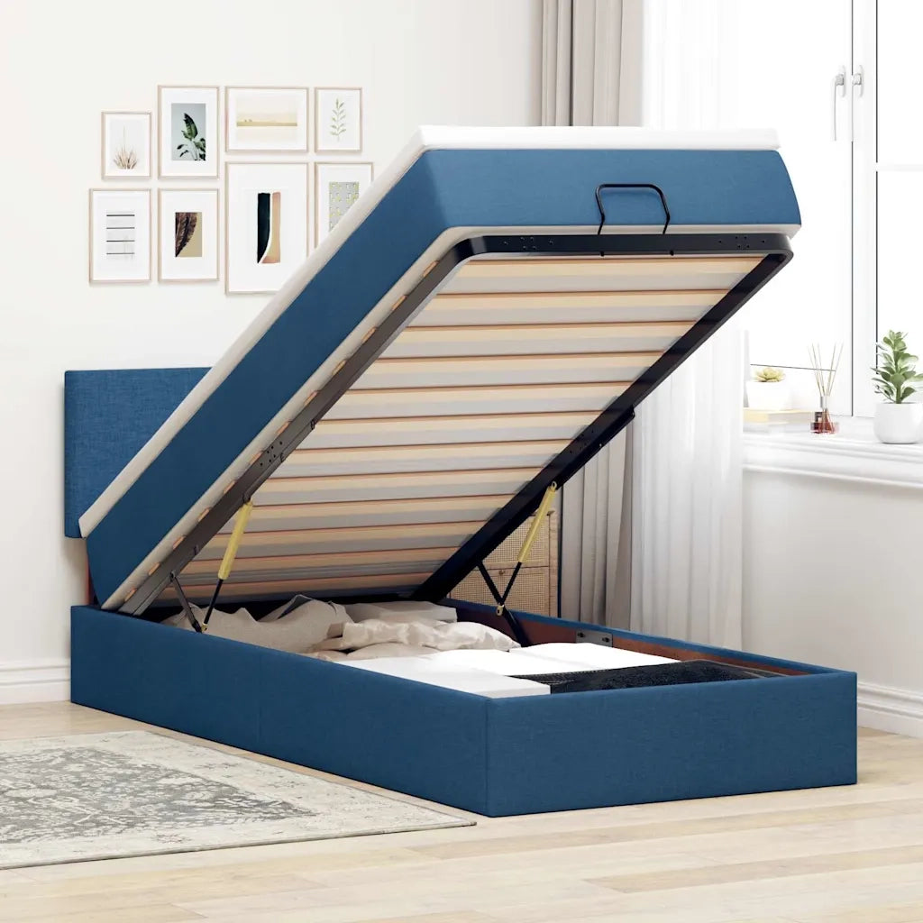 Struttura Letto Pouf con Materasso Blu 90x190 cm in Tessuto