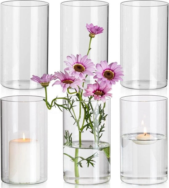 Set di Vasi a Cilindro - Vasi Chiari per Fiori - Set da 6 - 15 x 8,5 cm - Vasi in Vetro per Decorazione di Tavola - Vasi per Orche - Vasi Decorativi per Tulipani - Centrotavola per Matrimonio - Decorazione Casa