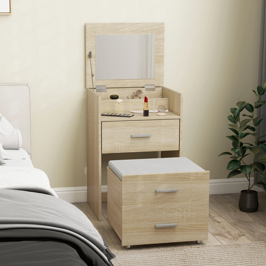 Tavolo da Trucco con Specchio a Ribalta, Cassetti e Sgabello, in Legno e Tessuto Effetto Lino, color Legno