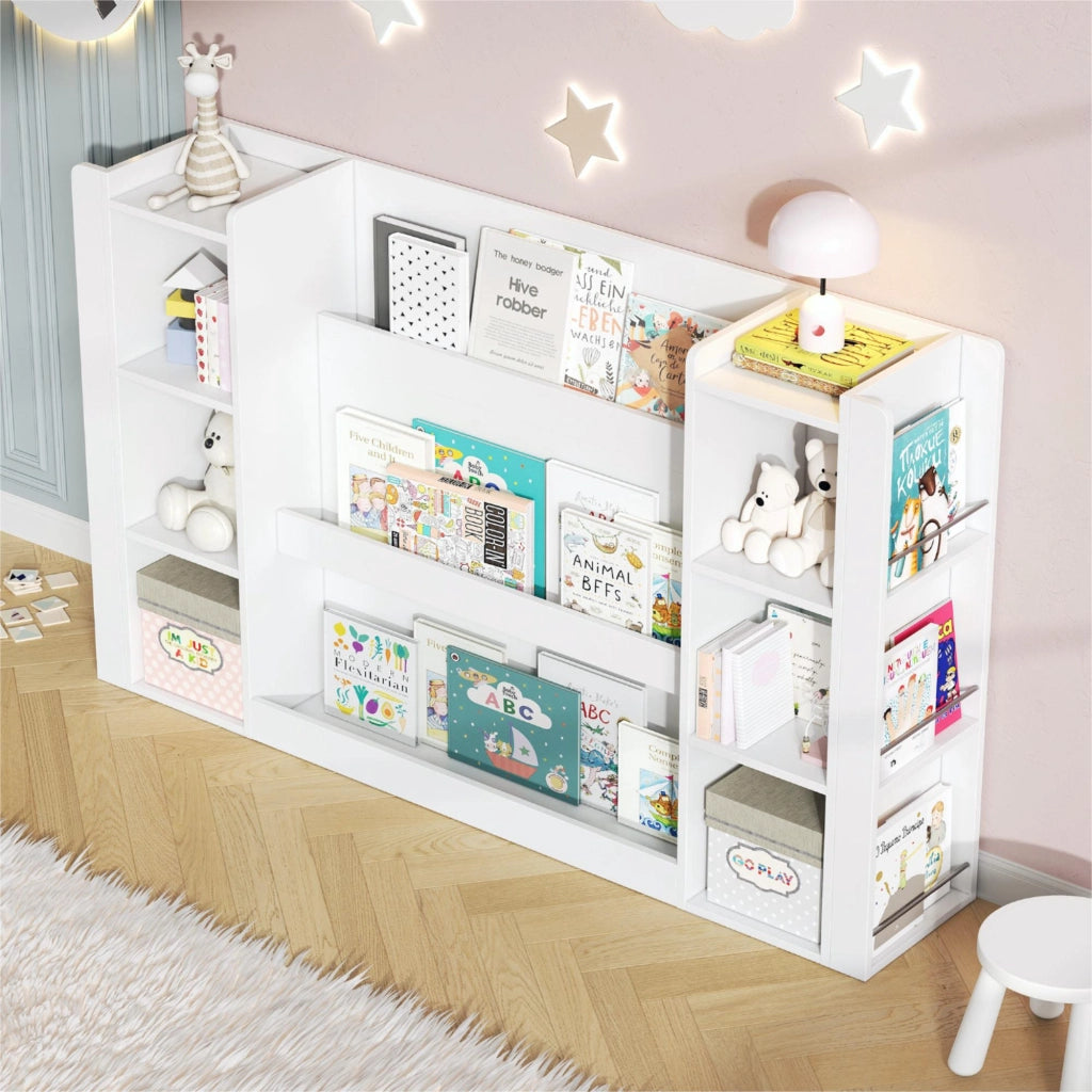 Libreria per bambini con contenitori, scaffale porta libri e giochi, mobile in MDF bianco 140 x 30 x 95 cm
