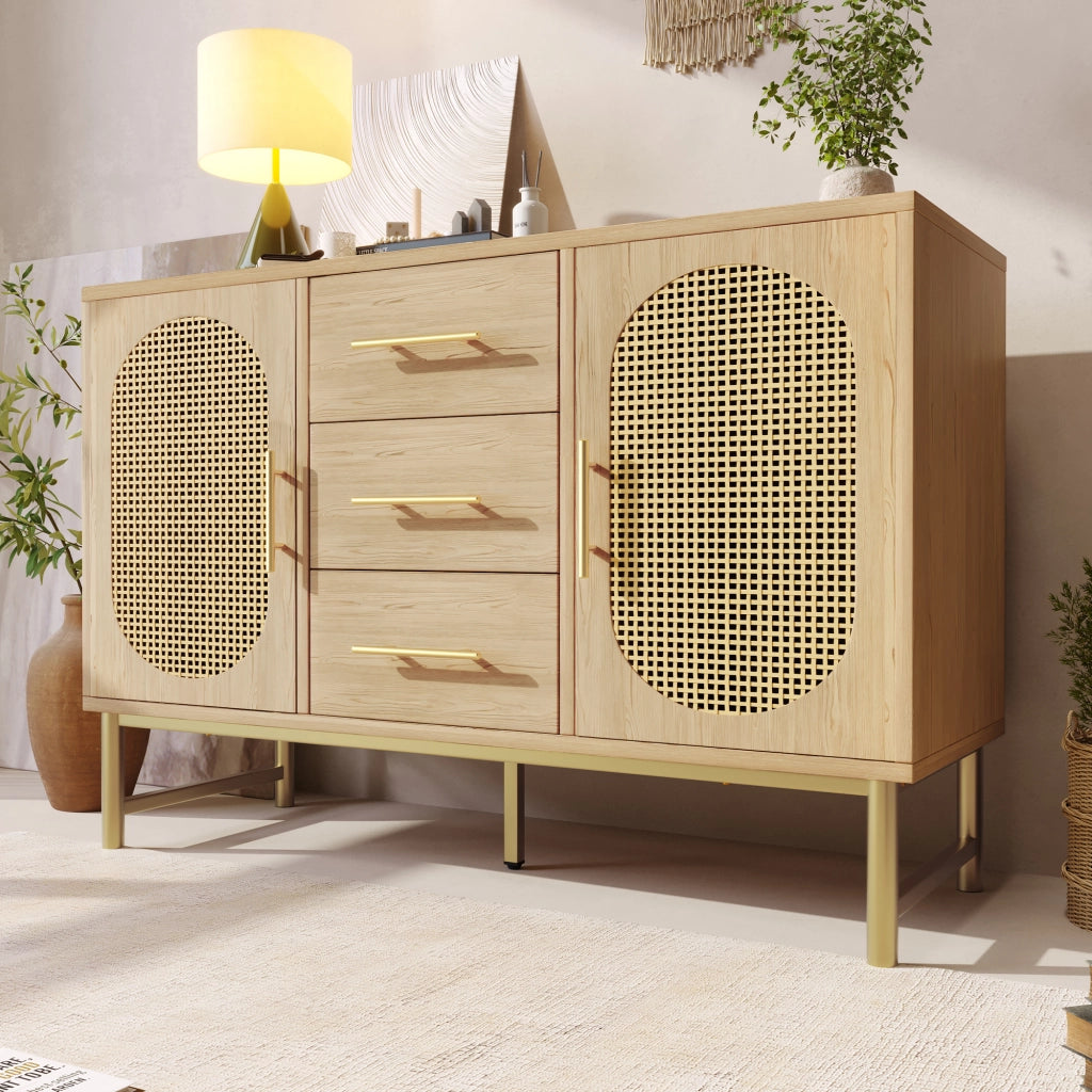 Cassettiera Credenza con 3 Cassetti e 2 Ante in Rattan ¨C MINIMAL ¨C Sonoma, 120x40x74