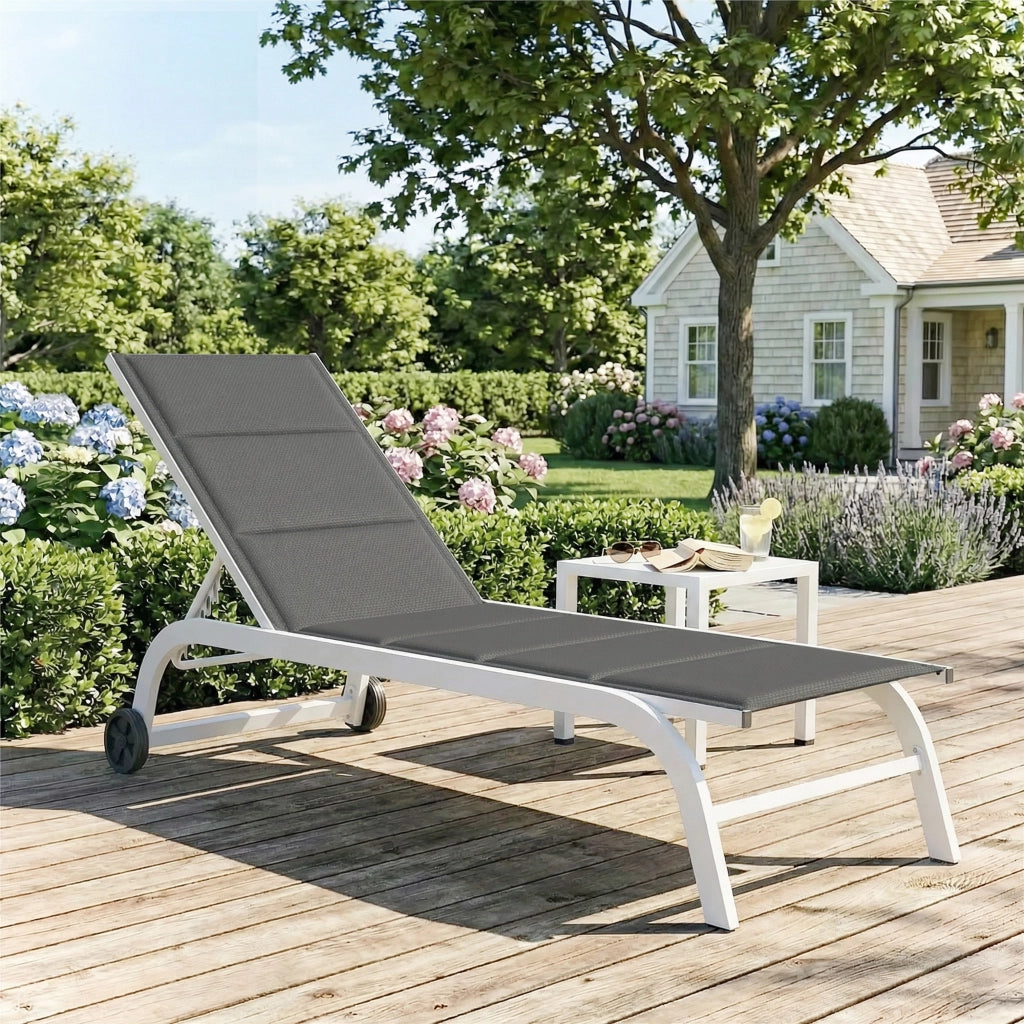 Lettino da Giardino ¨C zephmum ¨C Grigio Scuro e Bianco, Texteline, Telaio in Alluminio con Ruote