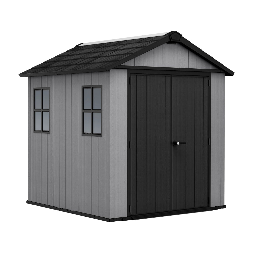 Newton + 757/775 - Casetta da Giardino 223x246x230 cm 2 Ante per deposito attrezzi finitura effetto legno Evotech+ in Resina Grigio e Nero