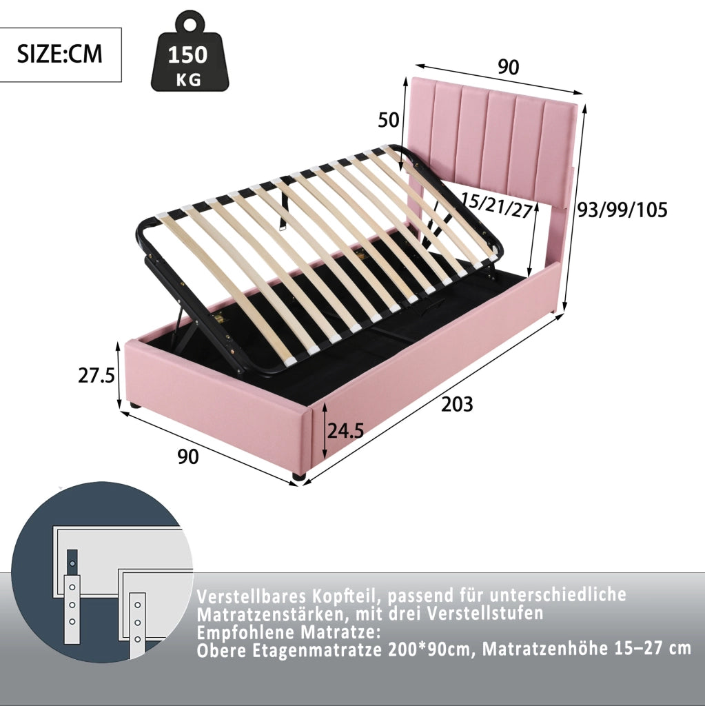 Letto imbottito per bambini 90x200 cm con contenitore idraulico; tessuto lino rosa