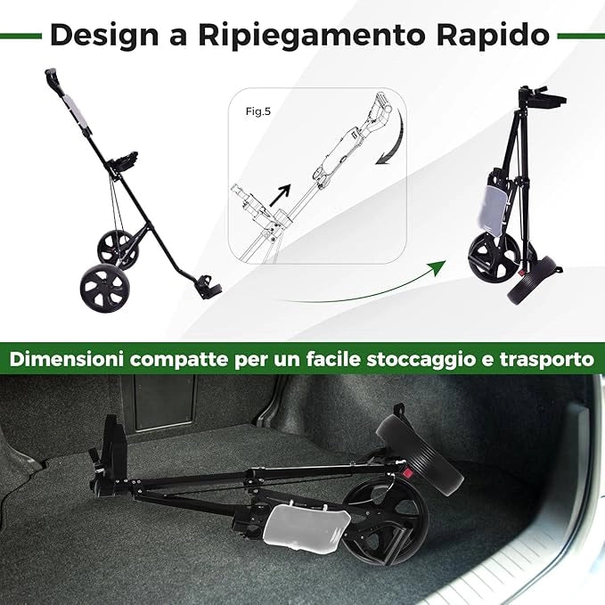 Carrello da Golf Pieghevole con 2 Ruote, Carrello da Golf in Ferro con Tabellone Segnapunti, 140 x 63,5 x 113 cm, Nero(Nero)