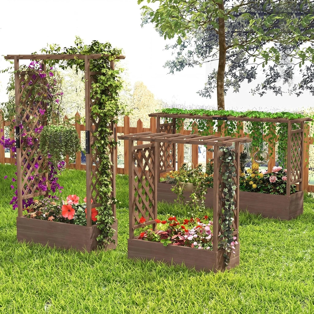 Fioriera Rialzata con Grigliato, Aiuola Rialzata con Traliccio per Piante Rampicanti e Fori di Drenaggio, Orto Elevato da Giardino, Terrazzo e Cortile (Marrone,200 x 44 x 114 cm)