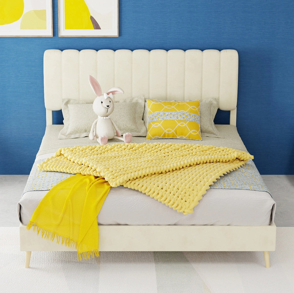Letto imbottito 140x200 cm in tessuto e metallo; beige; con materasso incluso