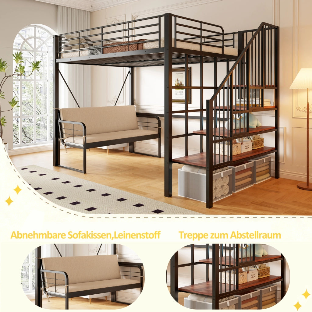 Letto a castello 140 × 200 cm con divano imbottito rimovibile, scala contenitore, senza materasso, nero