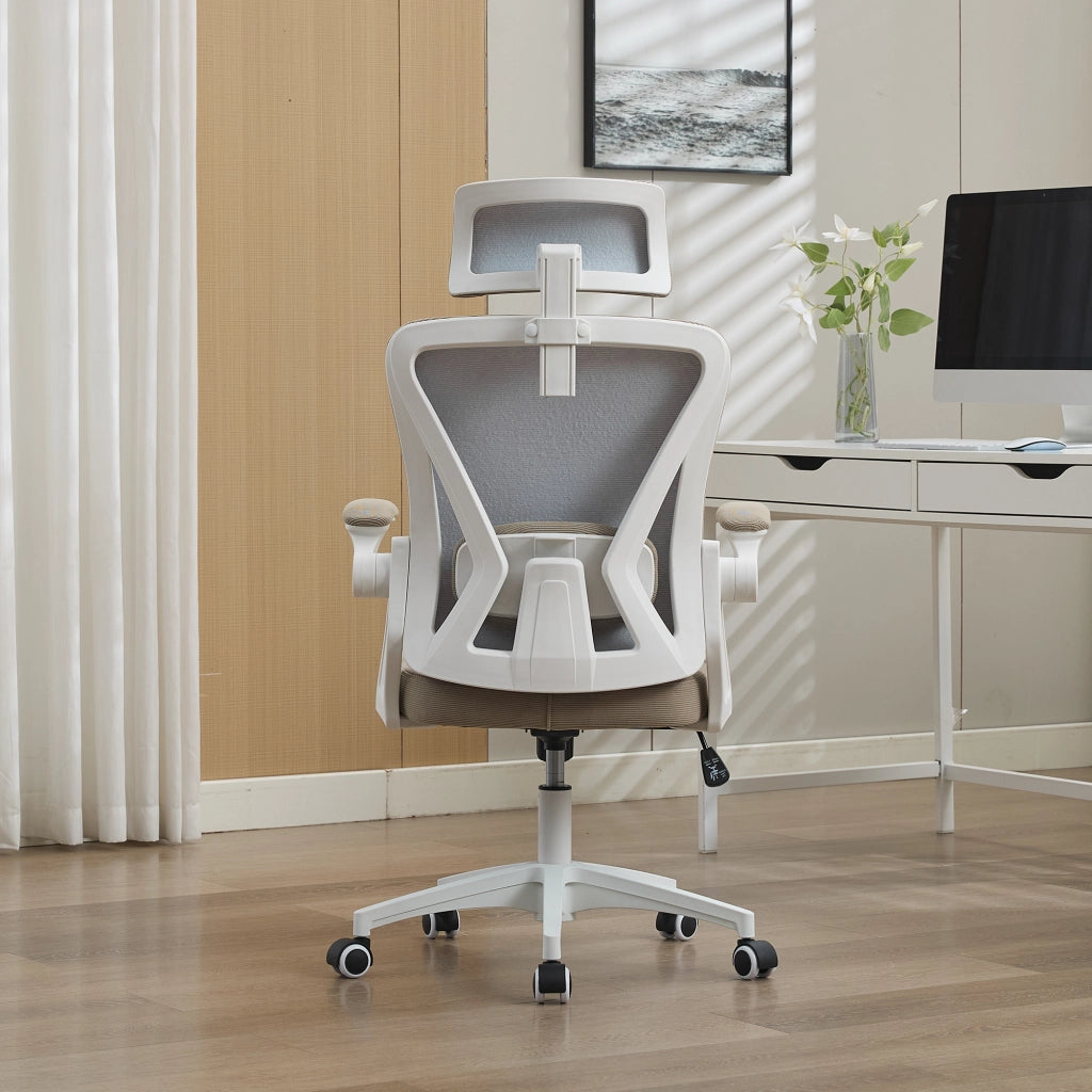 Sedia da ufficio ergonomica in rete traspirante con braccioli ribaltabili e altezza regolabile, in tessuto imbottito kaki