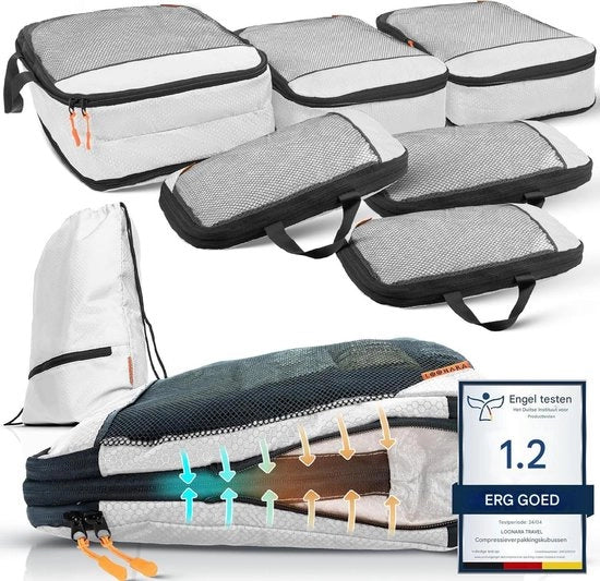 Set di sacchi di compressione per borse e zaini comprensivo di sacchetto di trasporto.