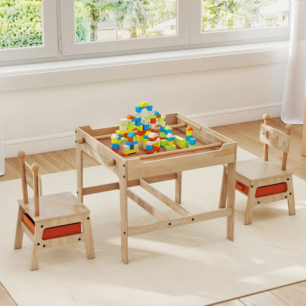 Set tavolo e sedie per bambini con lavagna reversibile bianca e nera per arti, Tavolo mobiletto in legno per bambini