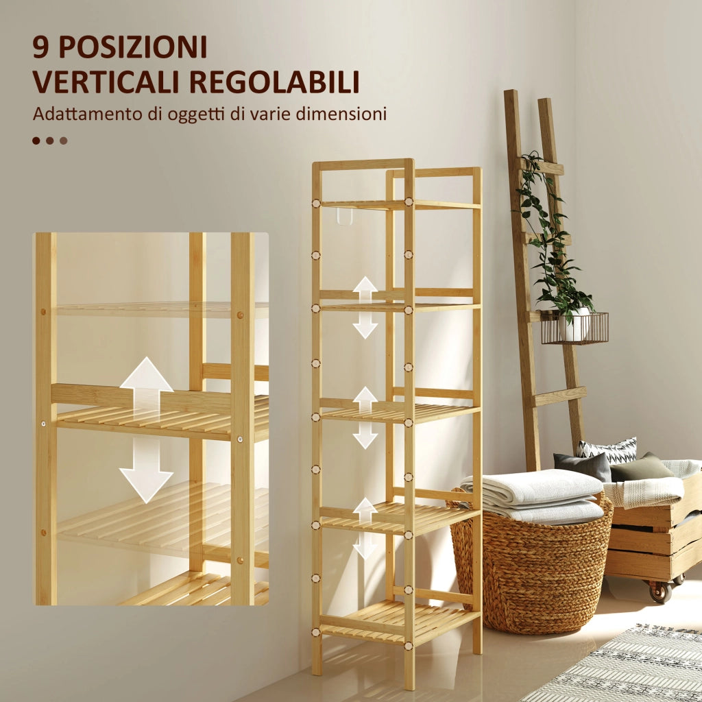 Scaffale Bagno a 5 Ripiani Regolabili in Altezza in Bamb¨´, 43.5x31.5x142 cm, Legno Naturale
