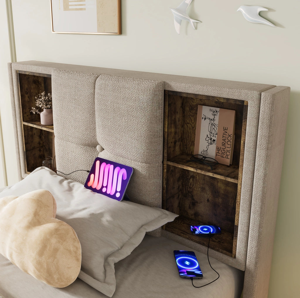 Letto singolo imbottito 90x200 cm in lino naturale con ricarica wireless; USB e contenitore