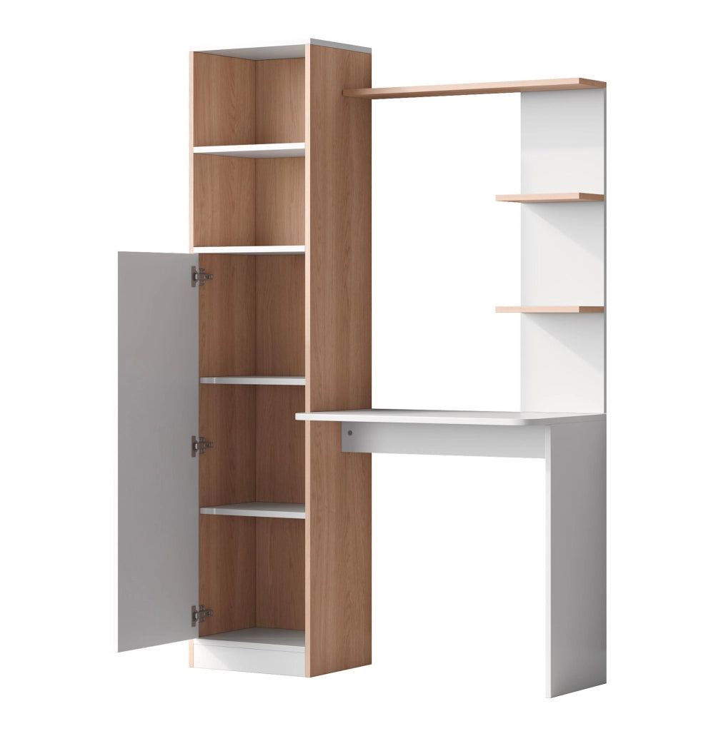 Scrivania 123.5x45x168.5 cm con armadio e 2 ripiani aperti; in MDF bianco e naturale