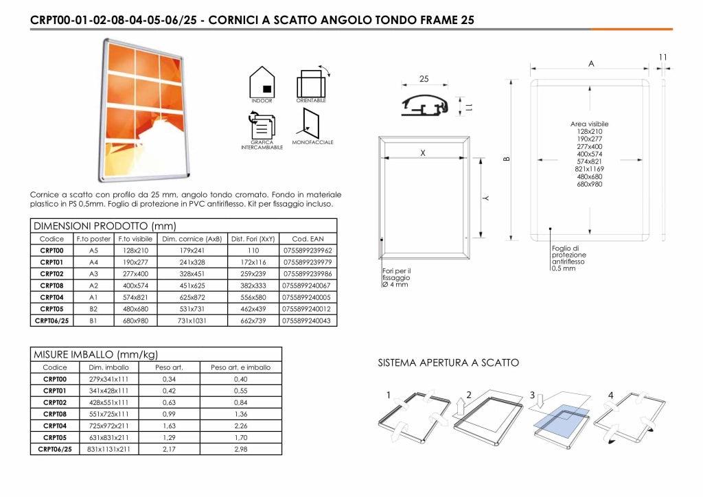 Cornice a scatto 60 x 85 profilo 25mm angolo tondo