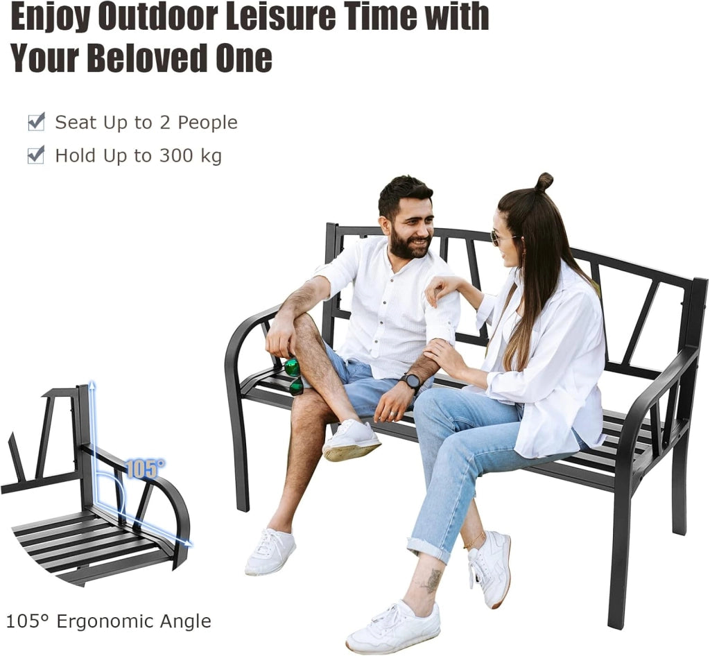 Panca da giardino a 2 posti, panca da parco in metallo, sedia da parco con schienale, carico di 300 kg, per balcone, terrazza, nero (modello 3, 128 x 60 x 86 cm)